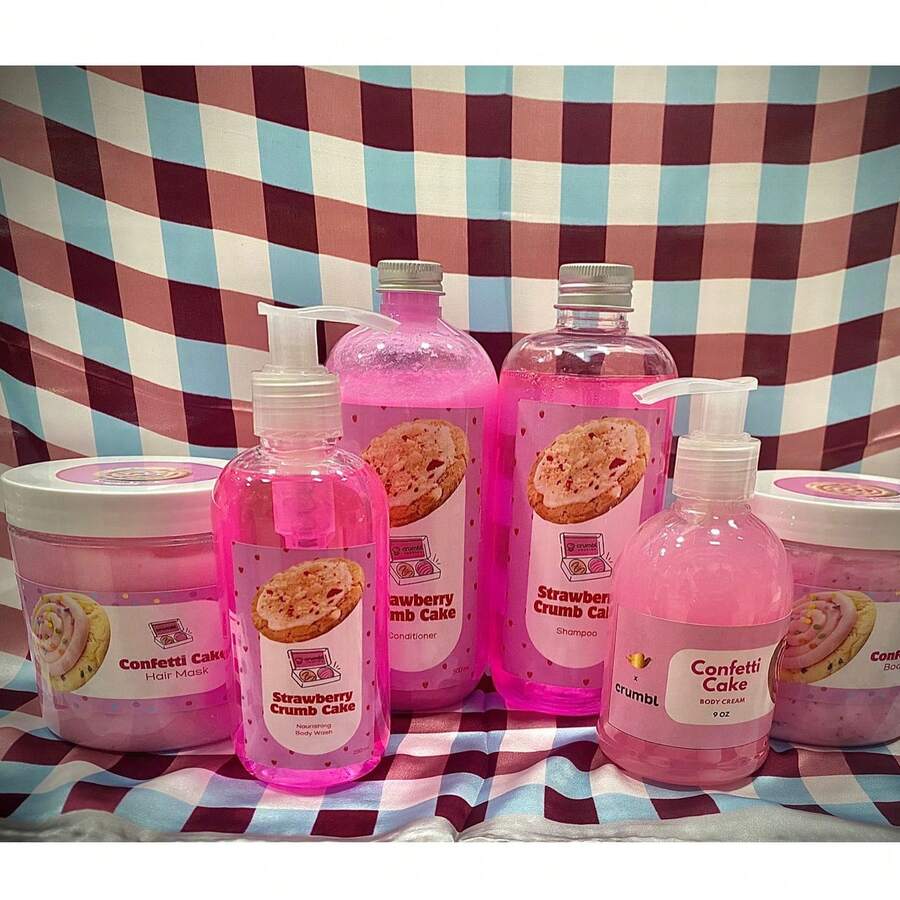 Juego de baño Crmble cookies, aroma pastel de cumpleaños. Incluye shampoo, acondicionador, gel de baño, exfoliante, crema corporal y mascarilla reparadora para el cabello, libre de parabenos y conservantes artificiales. - Rosa Roja - Ver 1