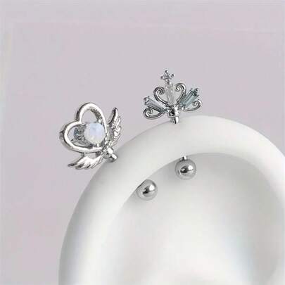 1pc Stainless Steel Heart Wings Cartilage Earring, Cute & Sweet Style With Crystal Decor, Suitable For Daily And Party Wear, All Season