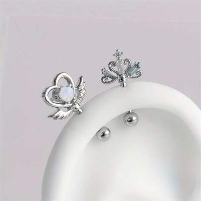 1 件不锈钢心形翅膀耳钉，可爱甜美风格，水晶装饰，适合日常和派对佩戴，四季皆宜