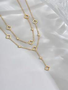 2 件时尚不锈钢幸运四叶草吊坠项链，方晶锆石装饰项链 Y 形项链，适合女性日常佩戴，性感锁骨链配饰 - 金色 - 查看 2