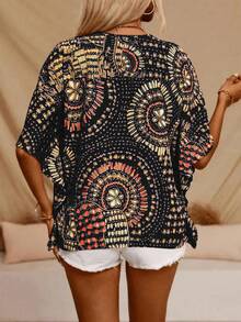 Plus 女式蝙蝠袖印花 V 领衬衫 - 黑色 - 查看 3