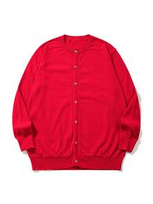 Unisex Casual Solid Color Round Neck Button Up Long Sleeve Cardigan Sweater, Suitable For Autumn/Winter, Christmas - Đỏ - Xem 2