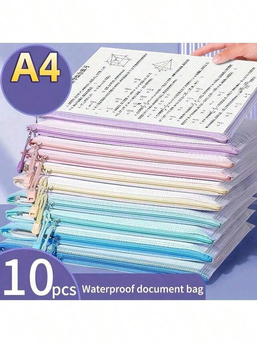 2/3/5pcs PVC Zipper Waterproof High-Quality Thick A4 Size File Folder With Mesh Pockets, 12 Color Combinations, Soft Transparent Bags, Waterproof Storage Bags Suitable For Papers, Books And Exams, Great For School, Office, Classroom Organization, Office Supplies, School Supplies, Travel File Folders And Document Bags