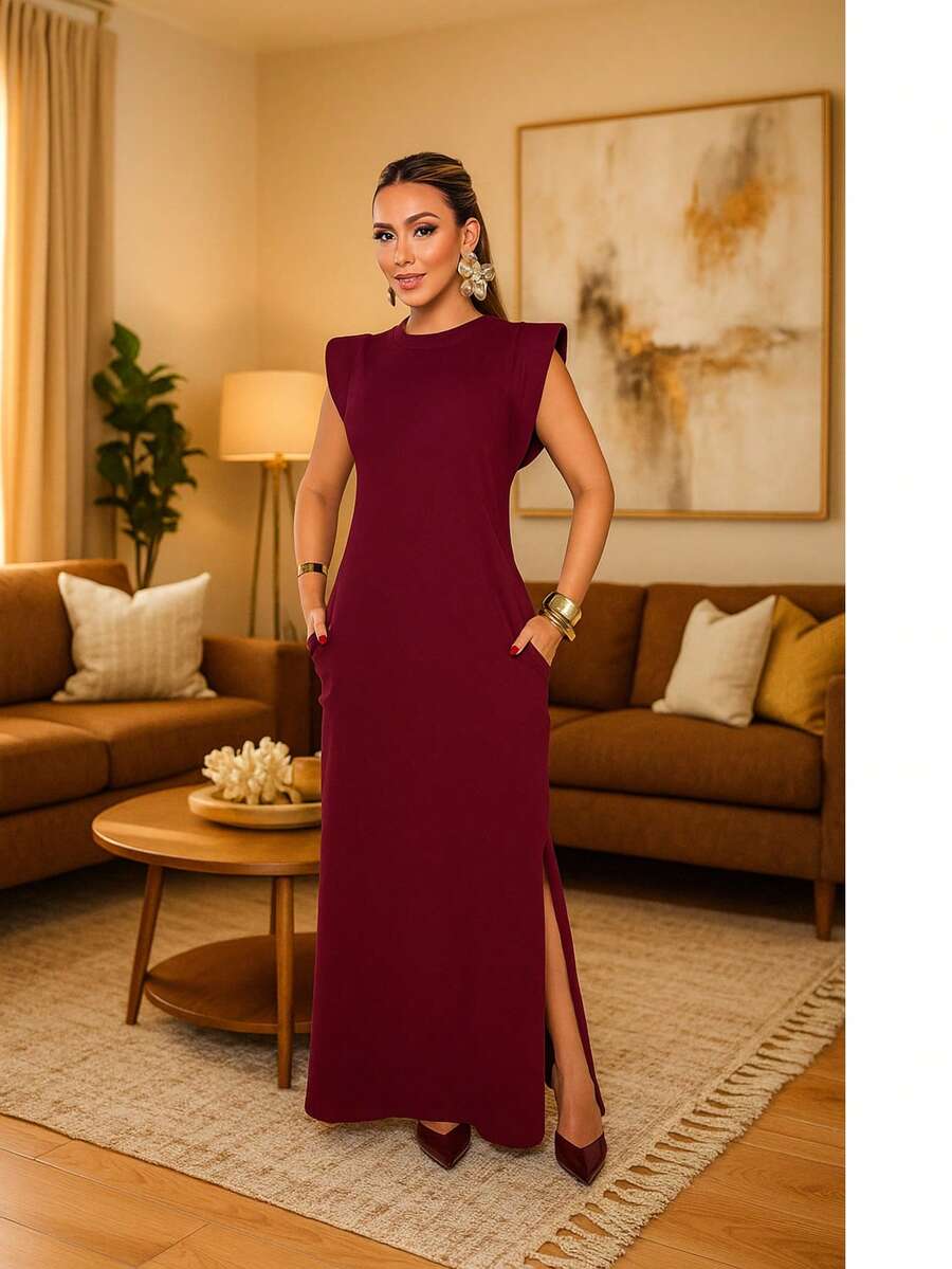 Long, Loose, Elegant, Casual Dress With Pockets In Sweatshirt Fabric With Fashionable Sleeves. - RED MOUTH - View 1