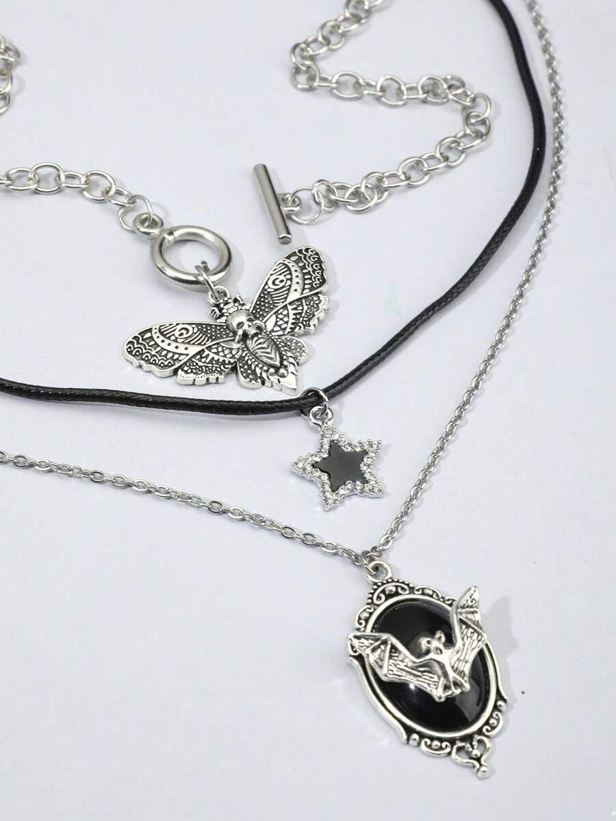 3pcs Gothic Style Vintage Skull, Butterfly, Rhinestone, Black Gem, Bat Pendant Necklace Set, Creative Halloween Gift For Women - Silver - View 1