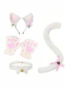 猫咪角色扮演服装 - 2/3/4 件猫耳和尾巴套装，带项圈爪子手套猫咪角色扮演服装配饰小猫耳朵项圈尾巴 R 爪子或女士女孩万圣节装扮