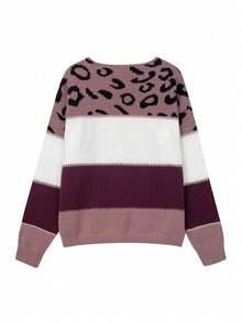 女士宽松可爱撞色豹纹毛衣，休闲舒适罗纹针织圆领长袖套头衫 - 彩色 - 查看 8