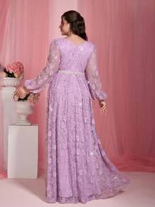 Elisanya Anpoket Romantic Plus Size Purple Prom Dress With Bishop Sleeves Deep V Neck And Pearl Details