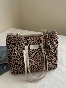 时尚条纹手提包 - 女士大容量单肩包 - 日常使用的拉链托特包 - 金属链条托特包 简约链条单肩托特包 适合少女、女大学生、新秀和白领人士 非常适合办公室工作、商务通勤 女士最佳工作包 秋季钱包 冬季猎豹印花豹纹 - 棕色 - 查看 8