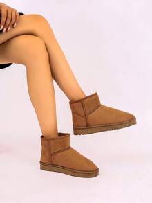 女士冬季靴，女士毛绒靴，女士雪地靴，短款毛绒保暖雪地靴，时尚软底毛绒保暖踝靴，防滑舒适黑色雪地靴 - 駝色 - 查看 4