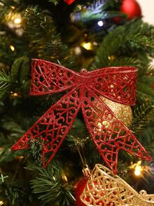 5pcs/1pc Christmas Bow Tree Topper Decorations, Christmas Tree Ornaments, Glitter Artificial Christmas Bows, DIY Wreath, Home Decor, Wedding Party, Christmas Gift Box Decor, Holiday Party Decorations, Christmas/Holiday/Seasonal/Wedding Christmas Tree Decor, Glittering Christmas Wooden Shrub Decorations