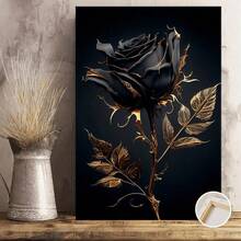Black And Golden Rose 1pc Canvas Wood Framed Wall Art - Luxury Modern Home Decor For Living Room Bedroom Hallway - Ready To Hang