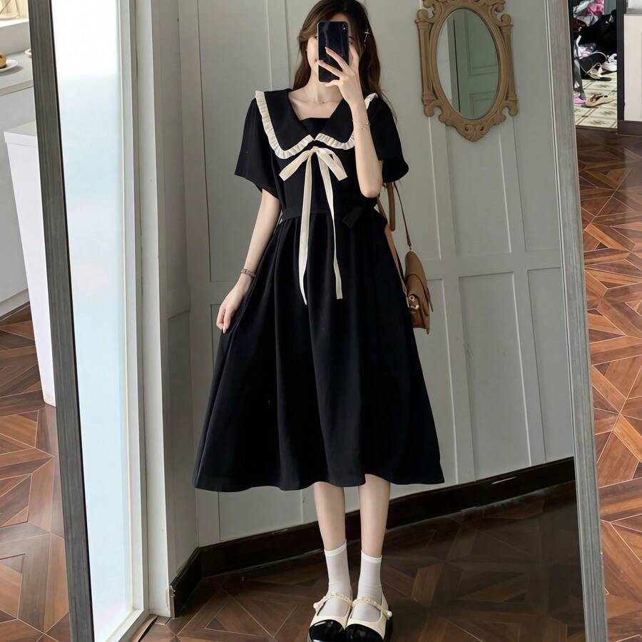 فستان أنيق أنثوي بأكمام قصيرة وشريط من الساتان بأسلوب لوليتا الفرنسي الرجعي، مناسب للارتداء اليومي العادي وأزياء هالوين