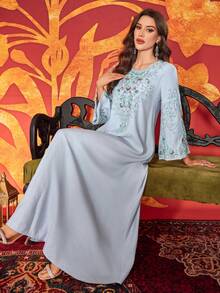 Women's Round Neck Embroidered Elegant Bubble Pearl Everyday Arabian Dress - Sky Blue - View 7