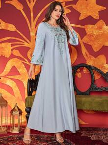 Women's Round Neck Embroidered Elegant Bubble Pearl Everyday Arabian Dress - Sky Blue - View 6