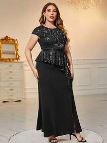 Plus Sequin  Contrast Split Thigh Mermaid Hem Formal Party Dress For Wedding Guest, Birthday, Graduation, Homecoming - 黑色 - 查看 5