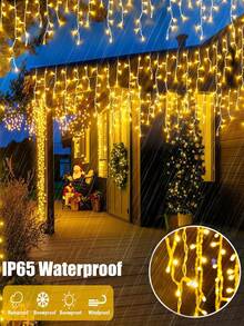 97/160 LED 太阳能圣诞灯，户外使用 - 8 种模式冰柱灯，带 16/27 个悬挂冰柱，太阳能供电防水，适用于派对、节日、婚礼、圣诞装饰的仙女灯（多色/暖白） - 黑色 - 查看 16