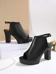 全新大码女式露趾舒适简约粗跟系带凉鞋，休闲时尚户外度假沙滩夏季鞋 - 黑色 - 查看 6