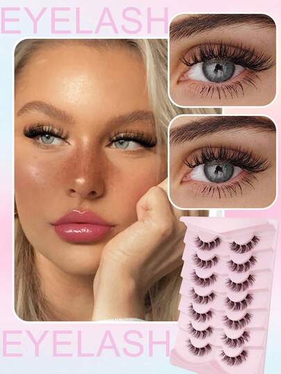 7 Pares de Cílios Falsos 3D Fofos de Vison Sintético, Olho de Gato Encaracolado com Faixa Invisível, Aparáveis, Sobrepostos, Adequados para Maquiagem de Boneca, Olhar Natural, Leves e Confortáveis para Iniciantes