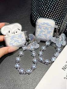 1 pieza Estuche de auriculares a prueba de golpes de TPU con lazo azul, concha brillante y colgante de mariposa, compatible con modelos de auriculares Apple