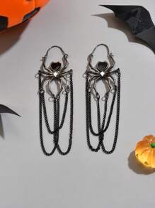 1 Pair Exaggerated Black Spider Halloween Earrings, Fashionable Goth Style Black Spider Oil Drop Chain Tassel Long Pendant Earrings, Halloween Jewelry, Holiday Party Jewelry - Black - View 2