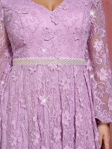 Elisanya Anpoket Romantic Plus Size Purple Prom Dress With Bishop Sleeves Deep V Neck And Pearl Details