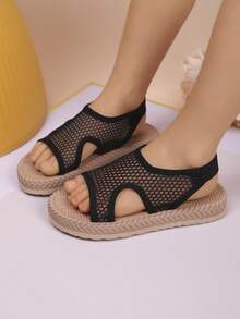 1 双时尚镂空网眼凉鞋，百搭女童凉鞋 - 黑色 - 查看 2