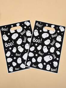 50pcs Cartoon Ghost Print Candy Gift Bags, Halloween Party Favor Treat Bags, Food Candy Packaging Bags - Black and White - View 6