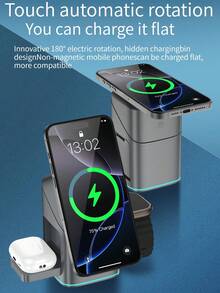 Cargador inalámbrico 3 en 1, estación de carga inalámbrica plegable con rotación de 180°, cargador inalámbrico portátil para iPhone, y , compatible con dispositivos portátiles