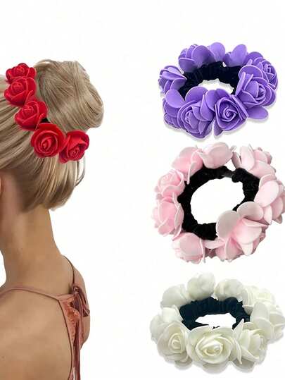 1pc Bohemian Style Artificial Rose Hair Scrunchie, Suitable For Girls - Vibrant Red, Purple, Pink, White And Black Flower Hair Bands, Perfect For Casual Outfits, Weddings, Parties And Vacations - AYLHFO, Ponytail Holder