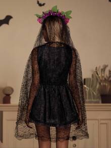Day Of The Dead Costume For Women Vintage Sleeveless Corset Bodysuit And Veil Flower Headband Set - 黑色 - 查看 6
