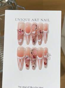 10 件超甜美女孩！超长法式美甲贴，白色蕾丝边，搭配大方糖水钻和粉色闪粉，可重复使用的手工指甲套，包含迷你指甲锉，适合作为送给朋友或派对的礼物，按压式指甲美甲用品 - 淺粉色 - 查看 17