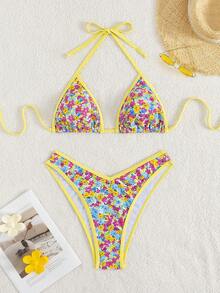 New Summer Women's Yellow Drawn Edge Small Floral Print Back Knot Tie Sexy Holiday Bikini Set - Multicolor - View 1