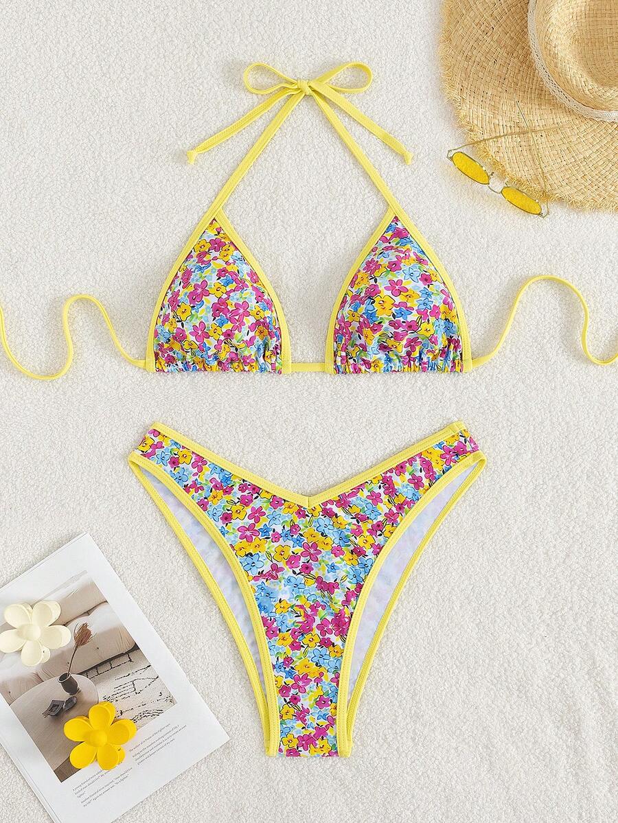 New Summer Women's Yellow Drawn Edge Small Floral Print Back Knot Tie Sexy Holiday Bikini Set - Multicolor - View 1