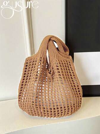 休闲大容量编织包镂空设计针织单肩包假日海滩购物手提包女士旅行女钩针手提包镂空沙滩包大容量时尚针织包纯色简约购物袋旅行度假