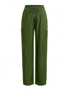 Women's Scrub Pants, Comfortable Pants, Solid Color Simple Multi-Pocket Contrast Tape Loose Pants - Green - View 9