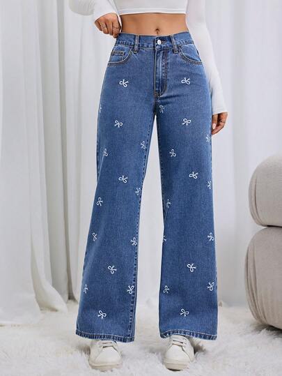 女士时尚蝴蝶印花水洗牛仔无弹力加大码阔腿牛仔裤，柔软舒适，适合日常穿着，春夏秋冬