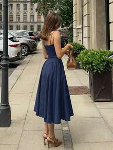 Đầm hai dây màu trơn thanh lịch gợi cảm dành cho nữ, kiểu dáng ôm sát tôn dáng, thích hợp cho kỳ nghỉ biển, đám cưới, tiệc tùng, lễ hội âm nhạc/buổi hòa nhạc mùa hè. - Màu xanh hải quân - Xem 2