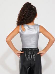 Radiana Tween Girls' Sports Street Fashion Elastic Faux Leather Sleeveless Tank Top - Silver - View 2