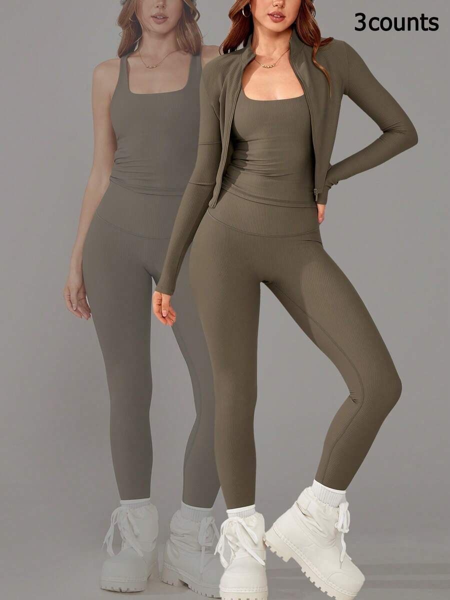 NcmRyu Set de 3 jachete sport confortabile pentru femei, toamnă/iarnă, cu talie elastică, potrivite pentru alergare, antrenament, fitness, yoga