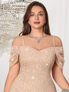 Plus Size Off-Shoulder Sequin Floral Lace Contrast Mesh Ruffle Mermaid Long Evening Gown, Suitable For Wedding Guest, Graduation, Holiday, Homecoming - Champagne - View 8