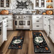 1pc Thickened 0.47 Inch/1.2cm Kitchen Mat, Skeleton Pumpkin And Black Cat Pattern Polyester Carpet, Entrance Door Mat, Day Of The Dead Fashionable Home Decoration, Suitable For Bathroom, Bedroom, Game Room, Indoor And Outdoor - Multicolor - View 1