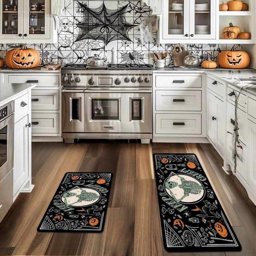 1pc Thickened 0.47 Inch/1.2cm Kitchen Mat, Skeleton Pumpkin And Black Cat Pattern Polyester Carpet, Entrance Door Mat, Day Of The Dead Fashionable Home Decoration, Suitable For Bathroom, Bedroom, Game Room, Indoor And Outdoor - Multicolor - View 1