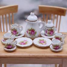 Bộ ấm chén trà bằng sứ trắng đỏ cổ điển cho nhà búp bê thu nhỏ Bộ đồ ăn Mô hình nhà Đồ dùng phòng Đồ nội thất Trang trí Đồ dùng Giáng sinh Quà tặng Giáng sinh (Kiểu ngẫu nhiên) - Đỏ - Xem 1
