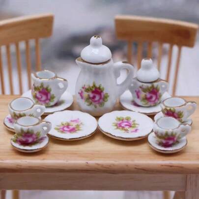 Juego de taza de té, tetera, plato de porcelana blanca y roja en miniatura vintage para casa de muñecas. Artículos de decoración y muebles para habitación, artículos esenciales y regalos navideños (estilo aleatorio)