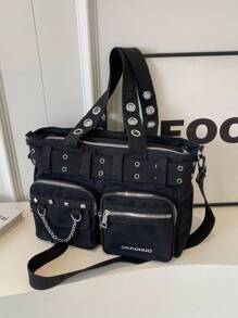 SLIN&LXZQ Vintage Large Capacity Tote Bag, Hot Girls Cool Punk Y2K Shoulder Bag, Women's Rivet Embellished Crossbody & Handbags, Versatile Multiple Pockets Solid Color Outdoor Travel Satchel Bag, Casual Daily Commuter Messenger Shopping Bags - Black - View 1