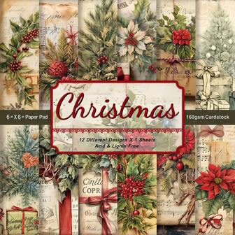 12pcs Vintage Christmas Scrapbooking Paper Pad, 6-Inch, Assorted Festive Designs Craft Cardstock For Scrapbooking, Albums, Card Making, Junk Journals & Crafts