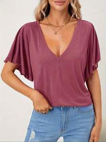 Women's Solid Color V-Neck Comfortable Casual T-Shirt Top - 玫紅色 - 查看 1