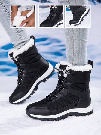 1 par vinterkängor för dam, termofodrade tjocka höga snöskor, halkfria utomhuspjäxor, höga korta utomhuskängor för höst/vinter, termofodrade varma ytterkläder, halkfria svarta skidskor för snöresor, storlek 35-42