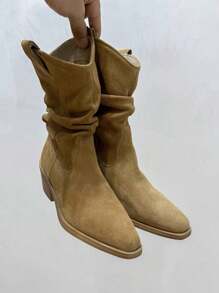 2025秋冬新款粗跟西部风做旧短靴，欧美风女式中筒靴